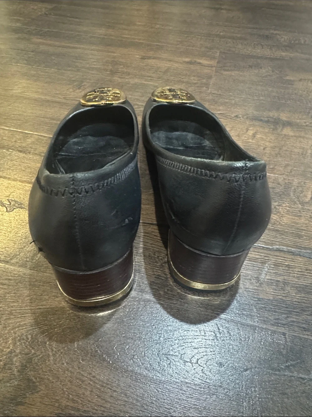 Tory Burch Black Leather Flats with Gold Logo Medallion